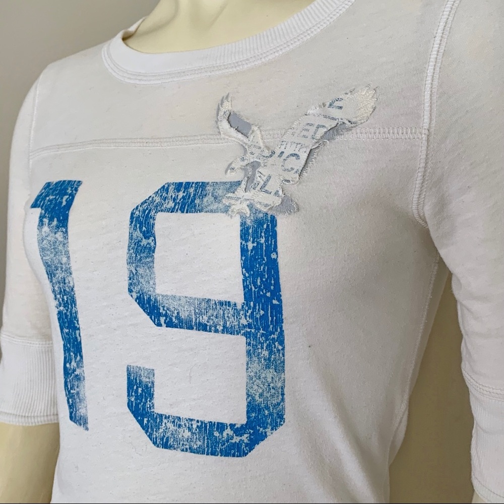 American Eagle Y2K VTG white blue varsity tee graphic sporty embroidered Elena - Picture 2 of 4